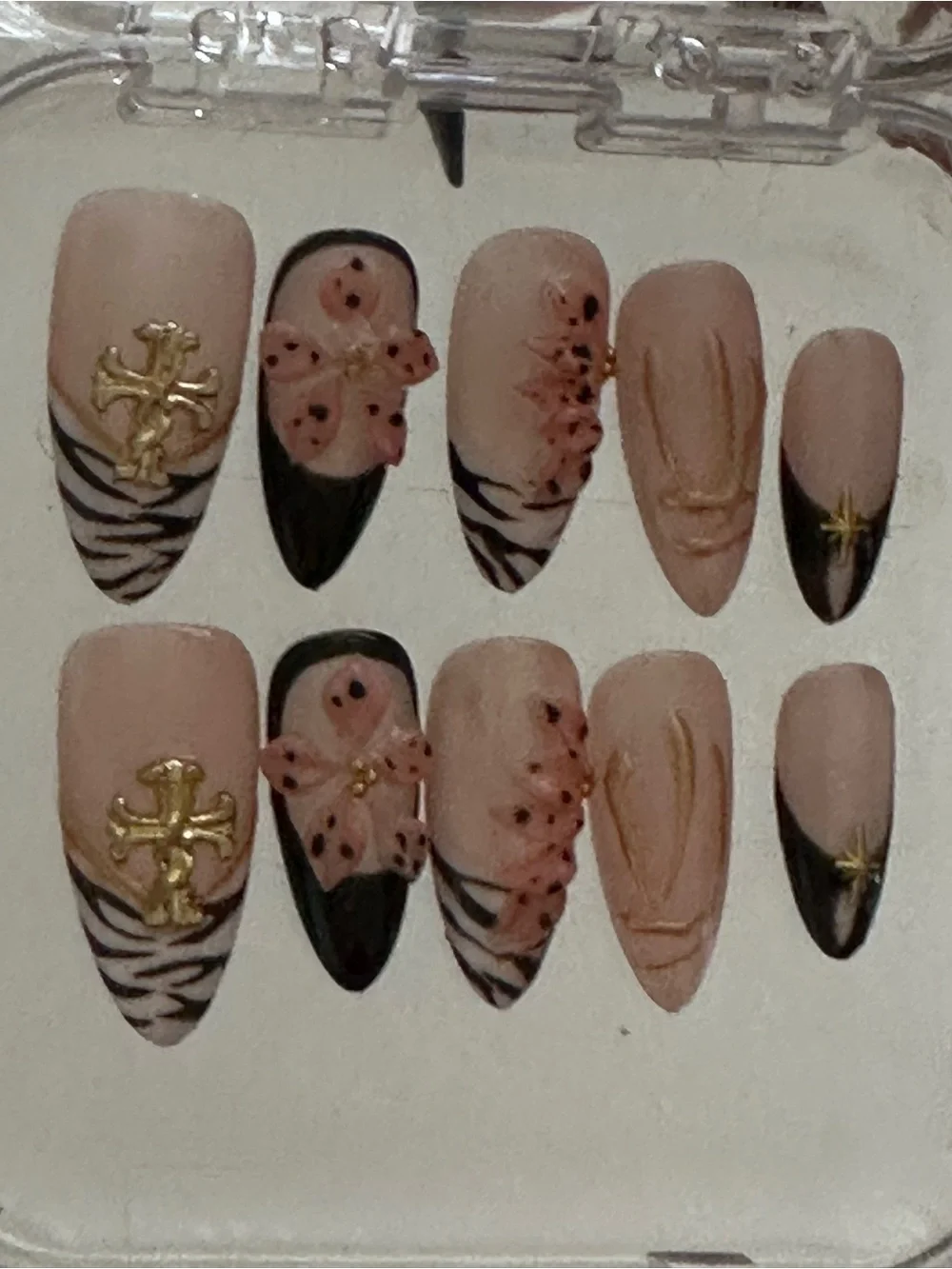 Handmade Edgy Glam Press-On Nail Set - Zebra Print, 3D Florals, & Gold Cross Cha
